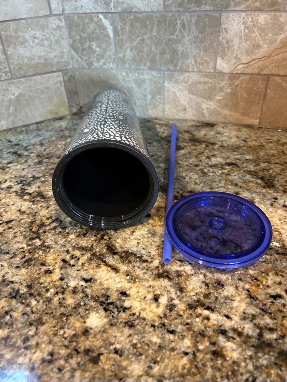 Starbucks Black & White Mosaic Tumbler with Purple Lid and Straw, 24 oz, New